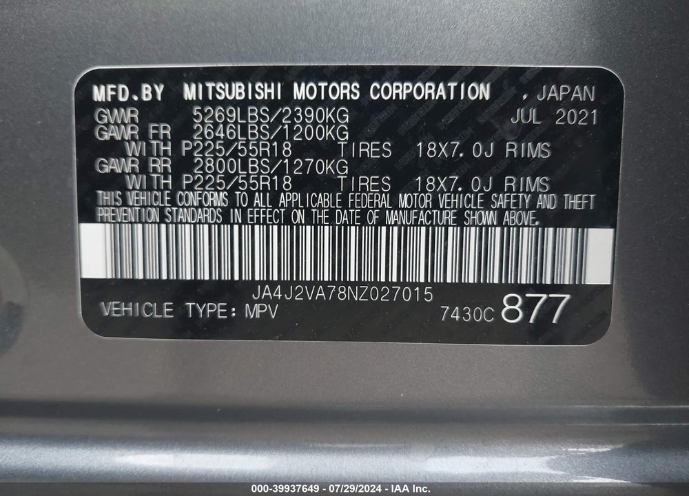 2022 MITSUBISHI OUTLANDER PHEV GT S-AWC/LE S-AWC/SEL S-AWC VIN: JA4J2VA78NZ027015