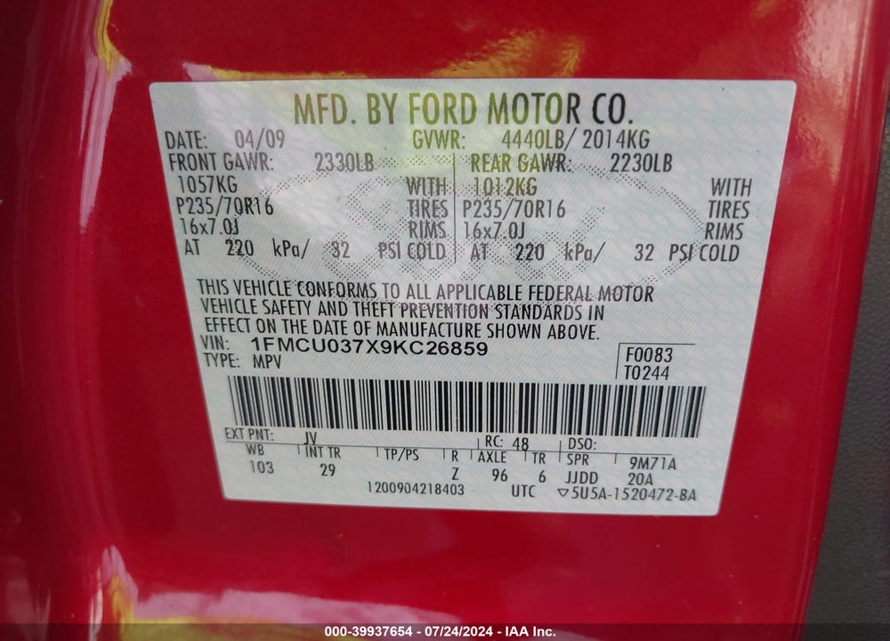 2009 FORD ESCAPE XLT VIN: 1FMCU037X9KC26859