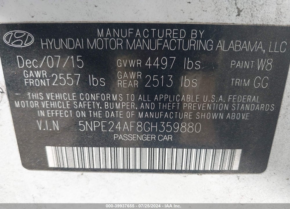2016 HYUNDAI SONATA SE VIN: 5NPE24AF8GH359880