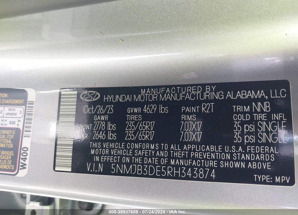 2024 HYUNDAI TUCSON SEL VIN: 5NMJB3DE5RH343874