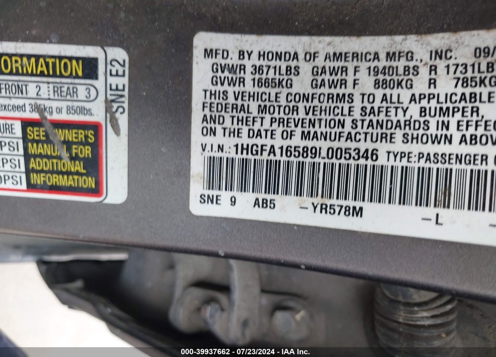 2009 HONDA CIVIC LX VIN: 1HGFA16589L005346