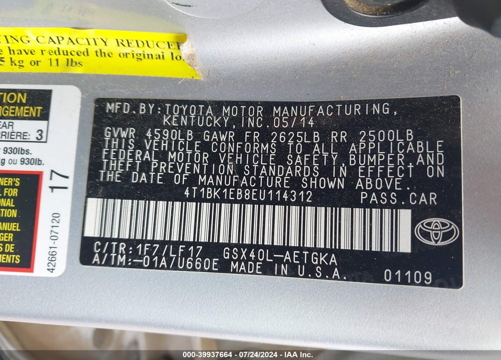 2014 TOYOTA AVALON XLE PREMIUM VIN: 4T1BK1EB8EU114312