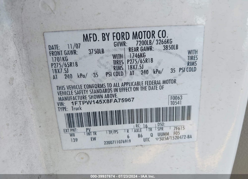 2008 FORD F-150 60TH ANNIVERSARY/FX4/KING RANCH/LARIAT/LIMITED/XLT VIN: 1FTPW145X8FA75967
