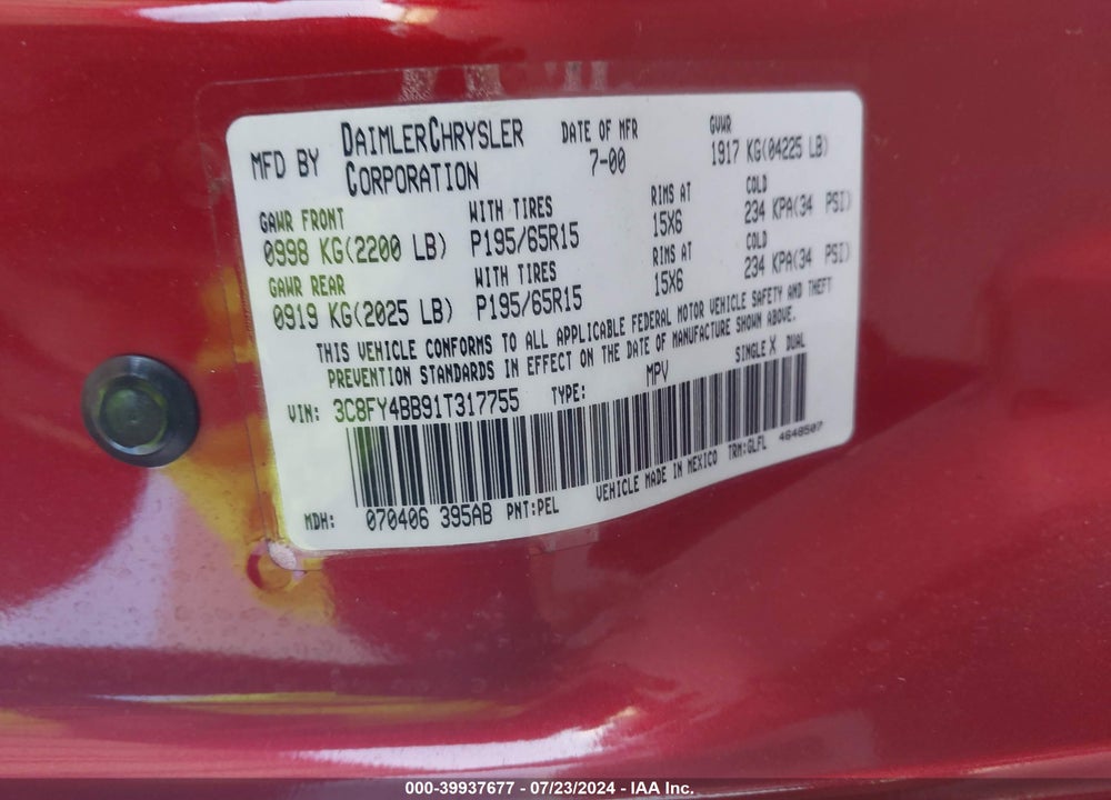 2001 CHRYSLER PT CRUISER VIN: 3C8FY4BB91T317755