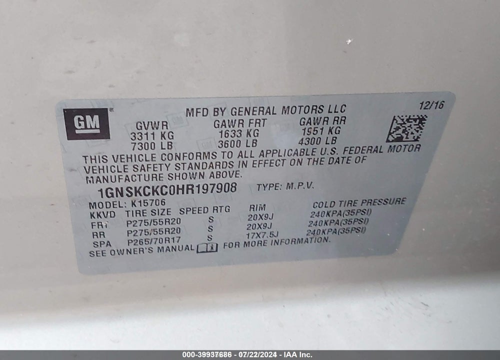 2017 CHEVROLET TAHOE PREMIER VIN: 1GNSKCKC0HR197908
