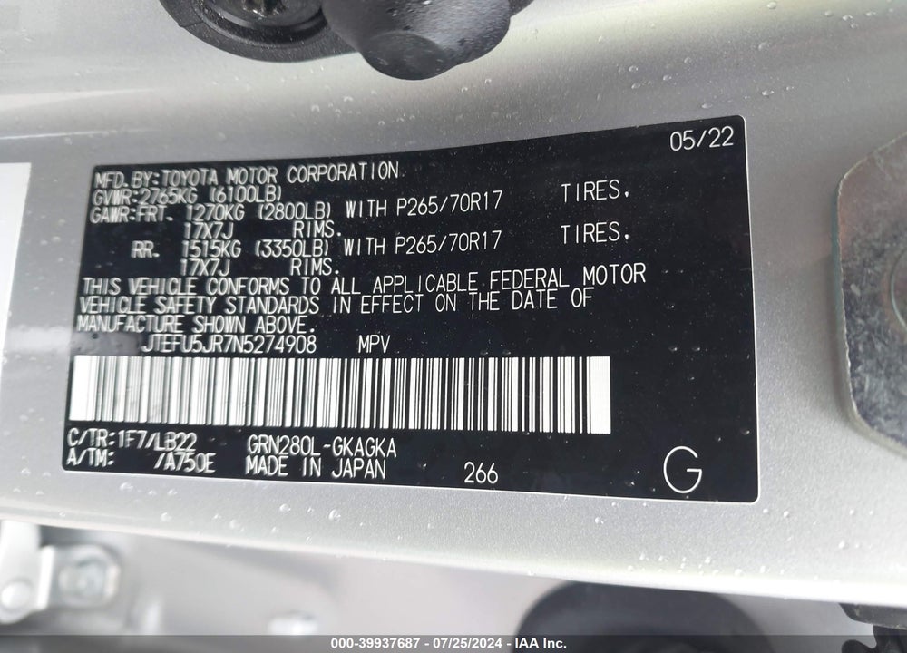 2022 TOYOTA 4RUNNER SR5 PREMIUM VIN: JTEFU5JR7N5274908