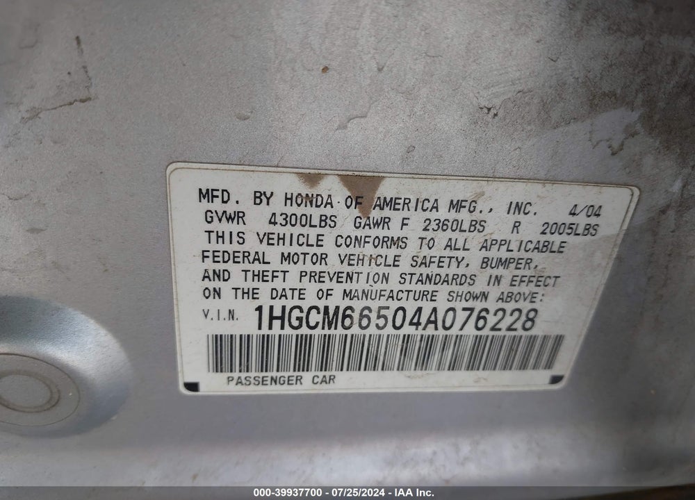 2004 HONDA ACCORD 3.0 EX VIN: 1HGCM66504A076228