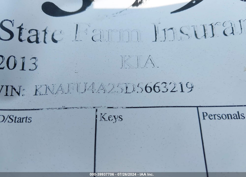 2013 KIA FORTE EX VIN: KNAFU4A25D5663219