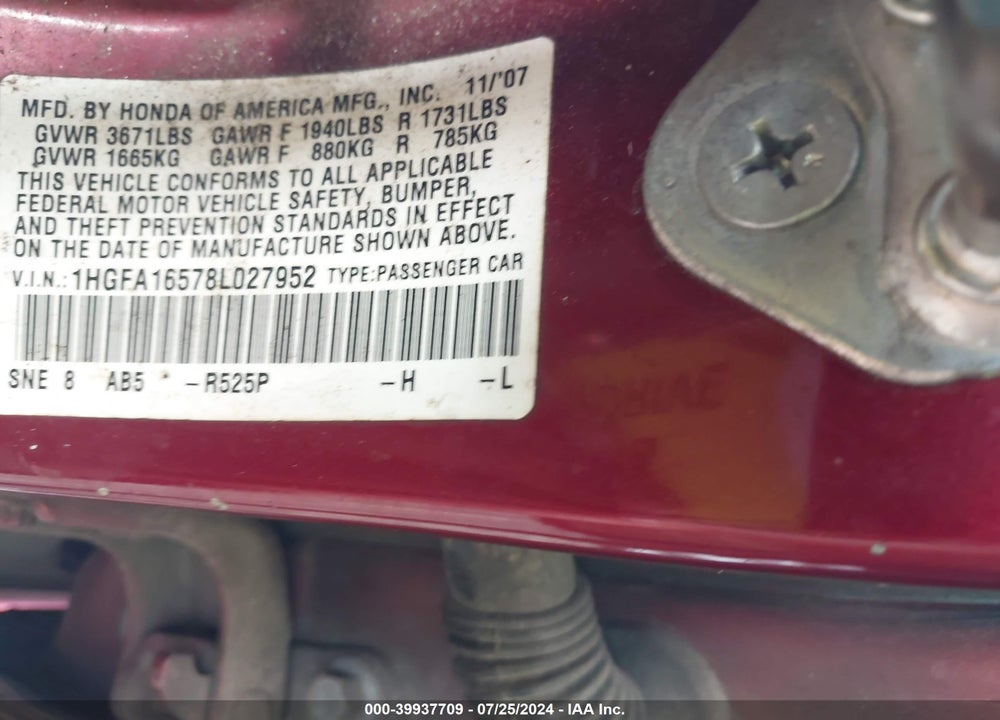 2008 HONDA CIVIC SDN LX VIN: 1HGFA16578L027952