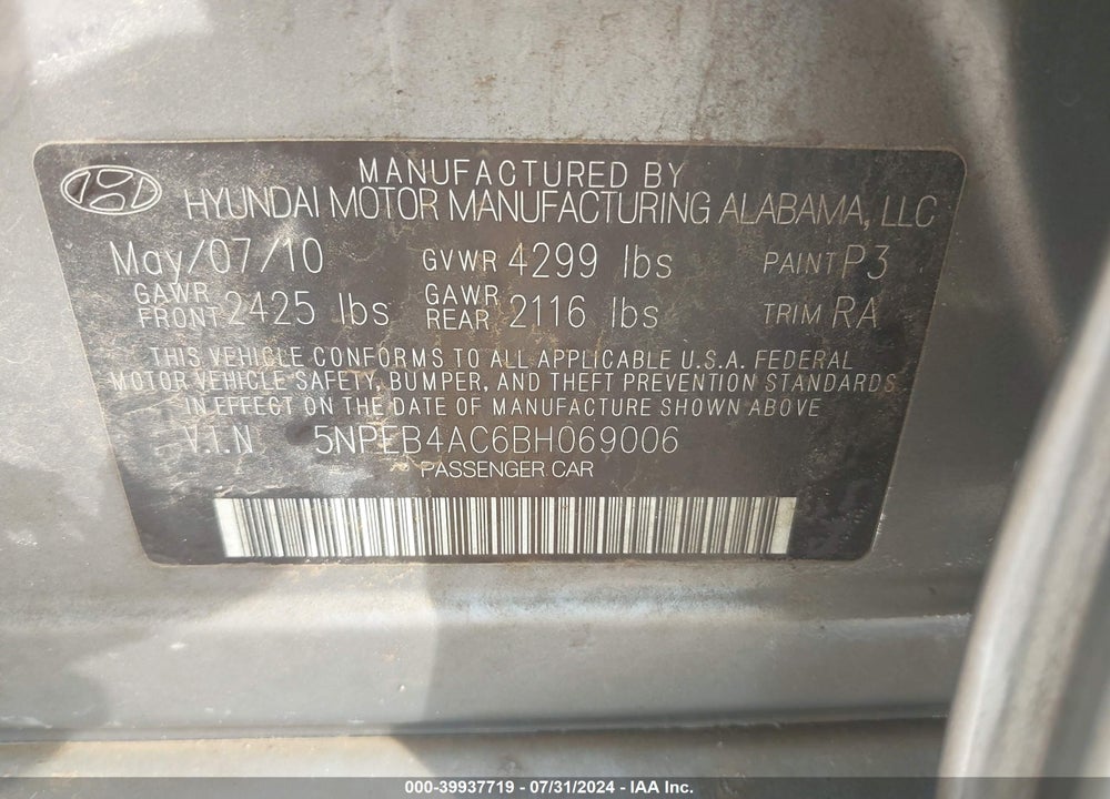 2011 HYUNDAI SONATA GLS VIN: 5NPEB4AC6BH069006