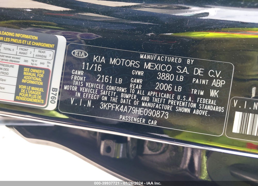 2017 KIA FORTE LX VIN: 3KPFK4A79HE090873