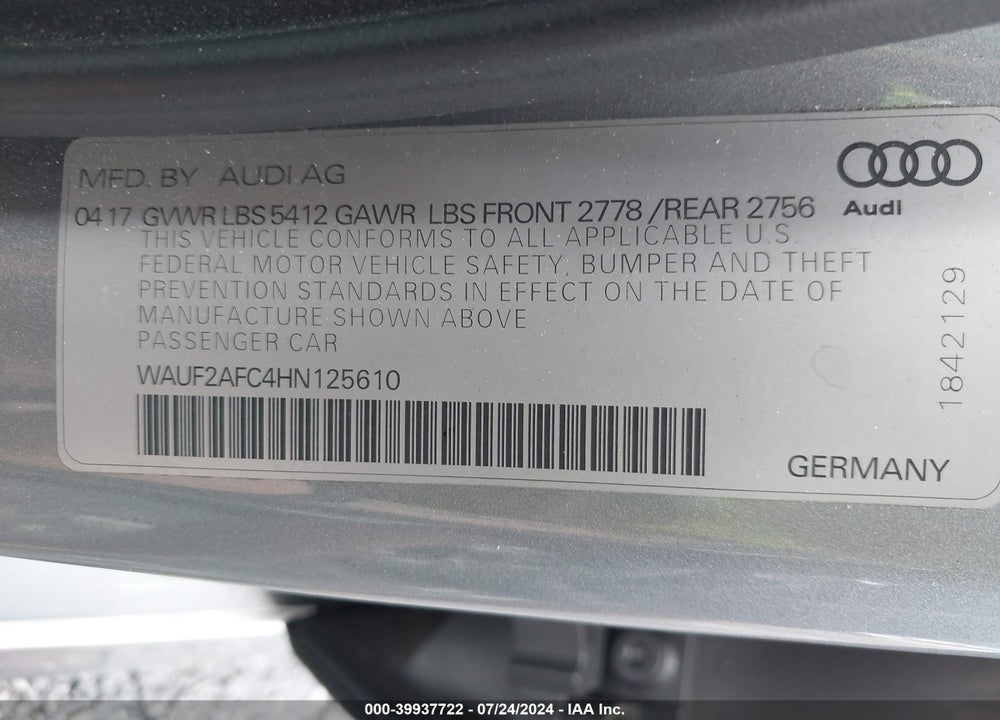 2017 AUDI A6 PREMIUM PLUS VIN: WAUF2AFC4HN125610