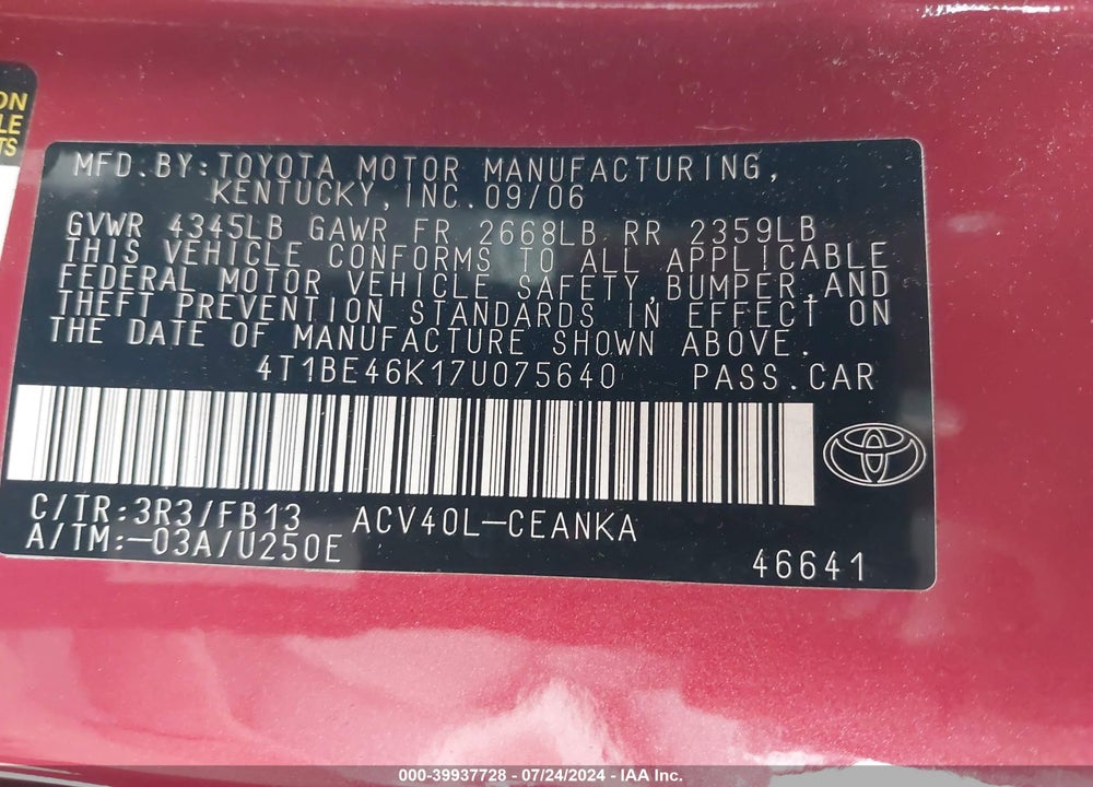 2007 TOYOTA CAMRY LE VIN: 4T1BE46K17U075640
