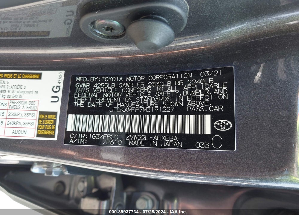 2021 TOYOTA PRIUS PRIME LE VIN: JTDKAMFP7M3191227
