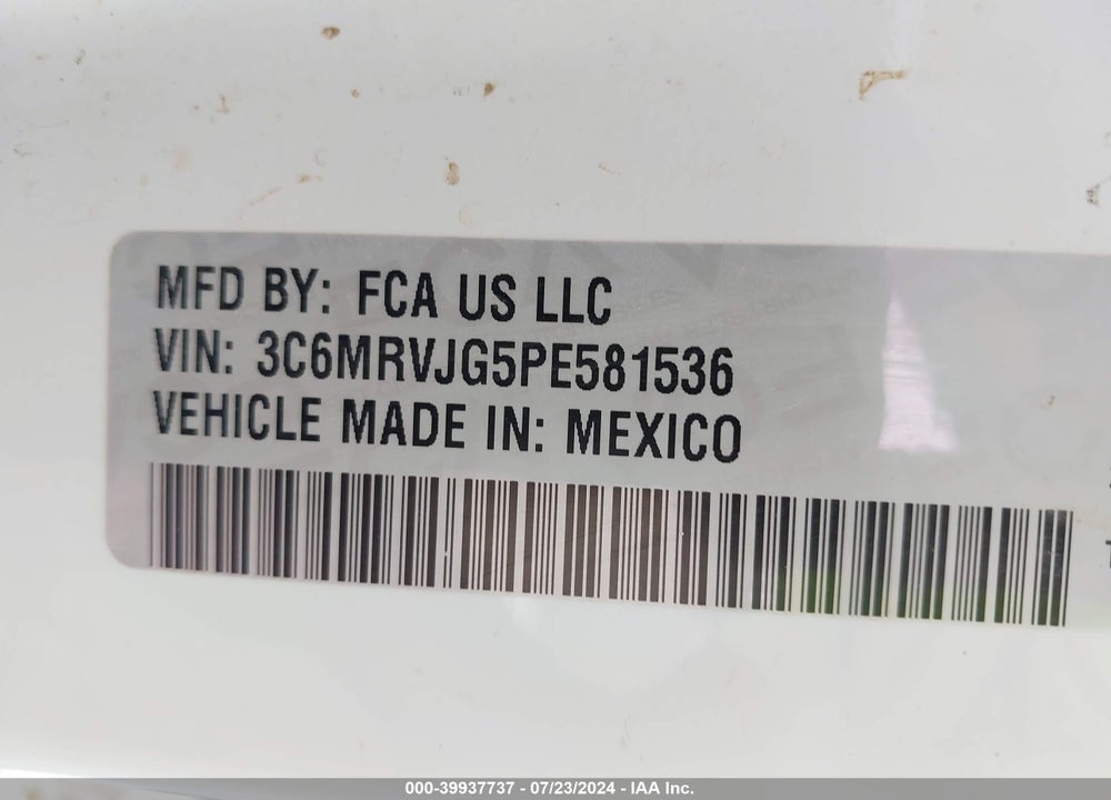 2023 RAM PROMASTER 3500 CARGO VAN HIGH ROOF 159 WB EXT VIN: 3C6MRVJG5PE581536