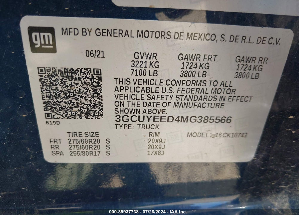 2021 CHEVROLET SILVERADO 1500 4WD STANDARD BED RST VIN: 3GCUYEED4MG385566