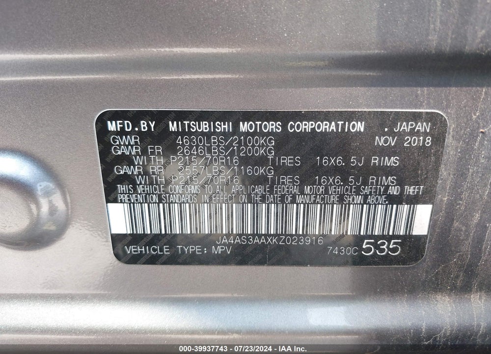2019 MITSUBISHI ECLIPSE CROSS ES VIN: JA4AS3AAXKZ023916