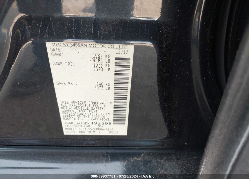 2013 NISSAN ALTIMA 3.5 SL VIN: 1N4BL3AP5DN492598