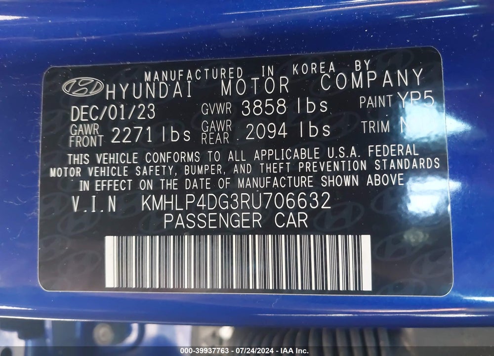 2024 HYUNDAI ELANTRA LIMITED VIN: KMHLP4DG3RU706632