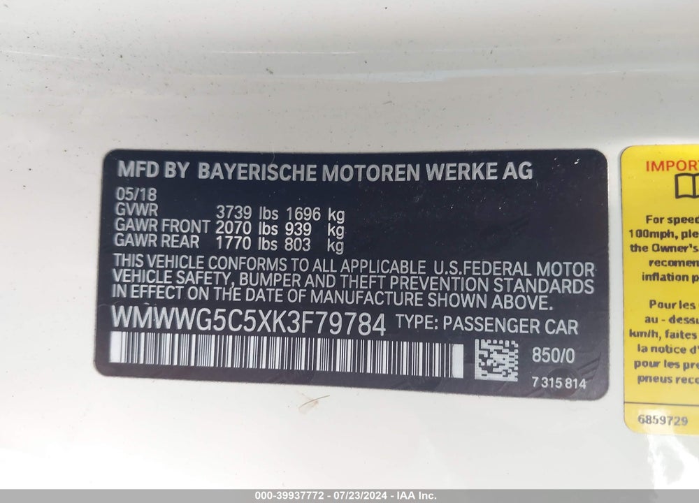 2019 MINI CONVERTIBLE COOPER VIN: WMWWG5C5XK3F79784