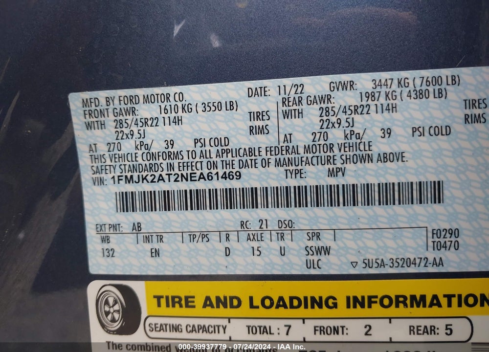 2022 FORD EXPEDITION LIMITED MAX VIN: 1FMJK2AT2NEA61469