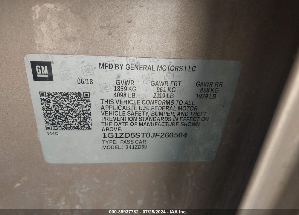 2018 CHEVROLET MALIBU LT VIN: 1G1ZD5ST0JF260504