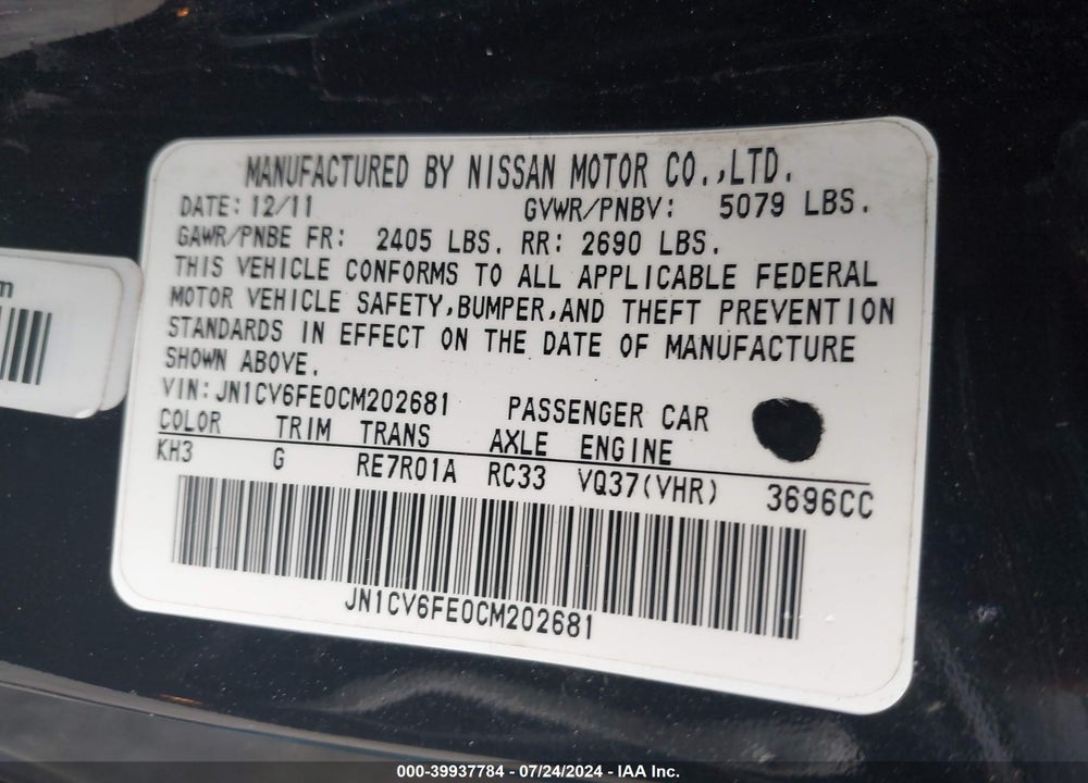 2012 INFINITI G37 VIN: JN1CV6FE0CM202681