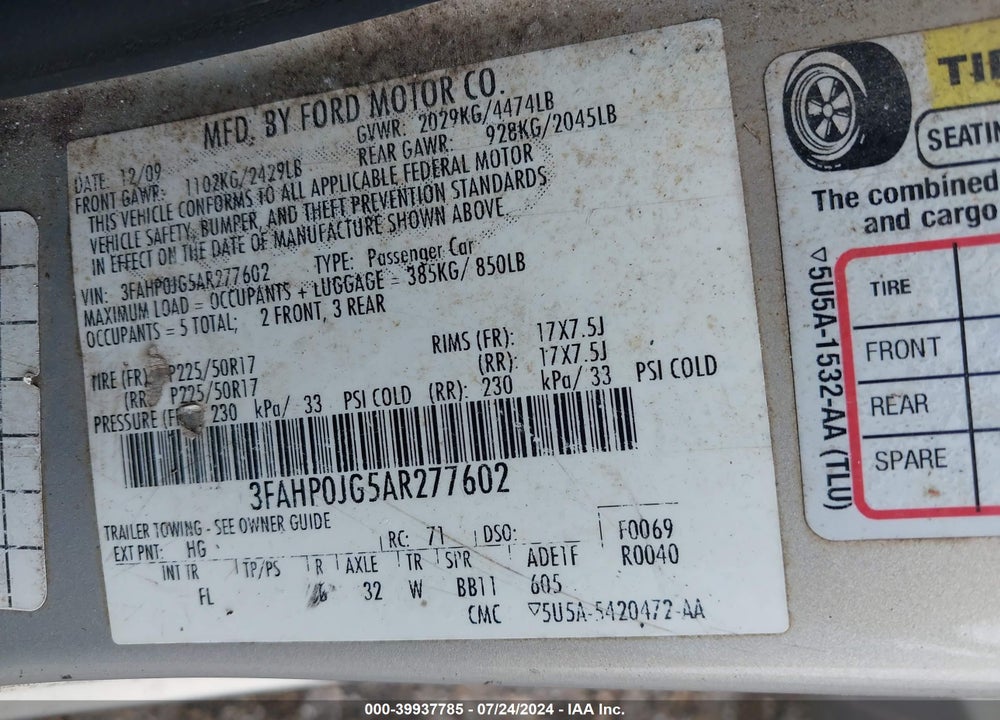 2010 FORD FUSION SEL VIN: 3FAHP0JG5AR277602