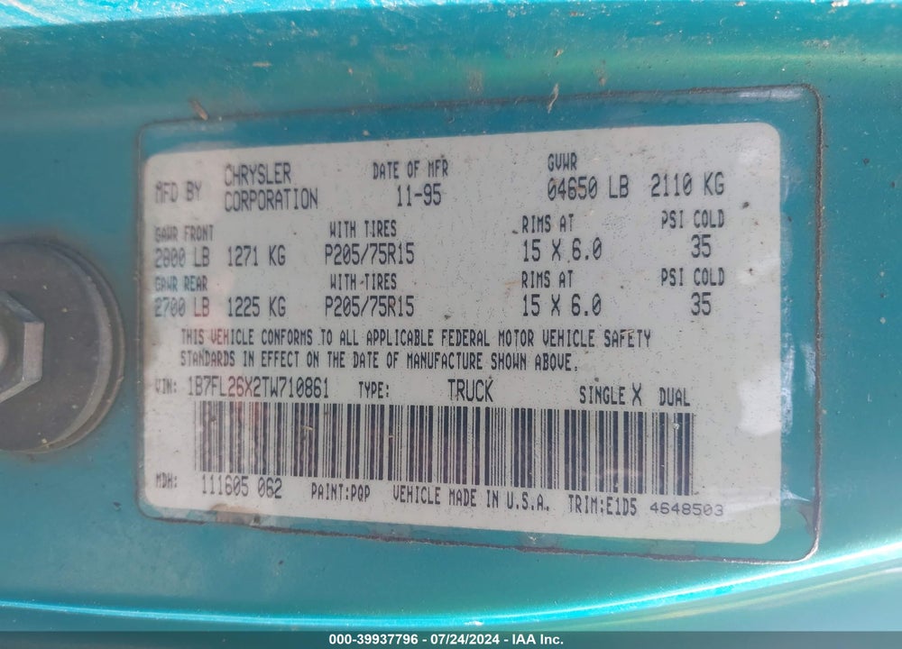 1996 DODGE DAKOTA VIN: 1B7FL26X2TW710861