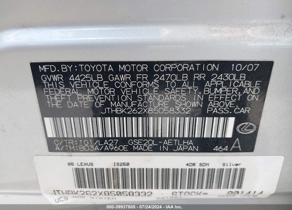2008 LEXUS IS 250 VIN: JTHBK262X85058332