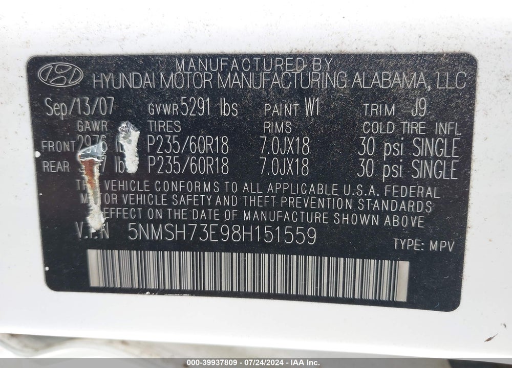 2008 HYUNDAI SANTA FE LIMITED/SE VIN: 5NMSH73E98H151559