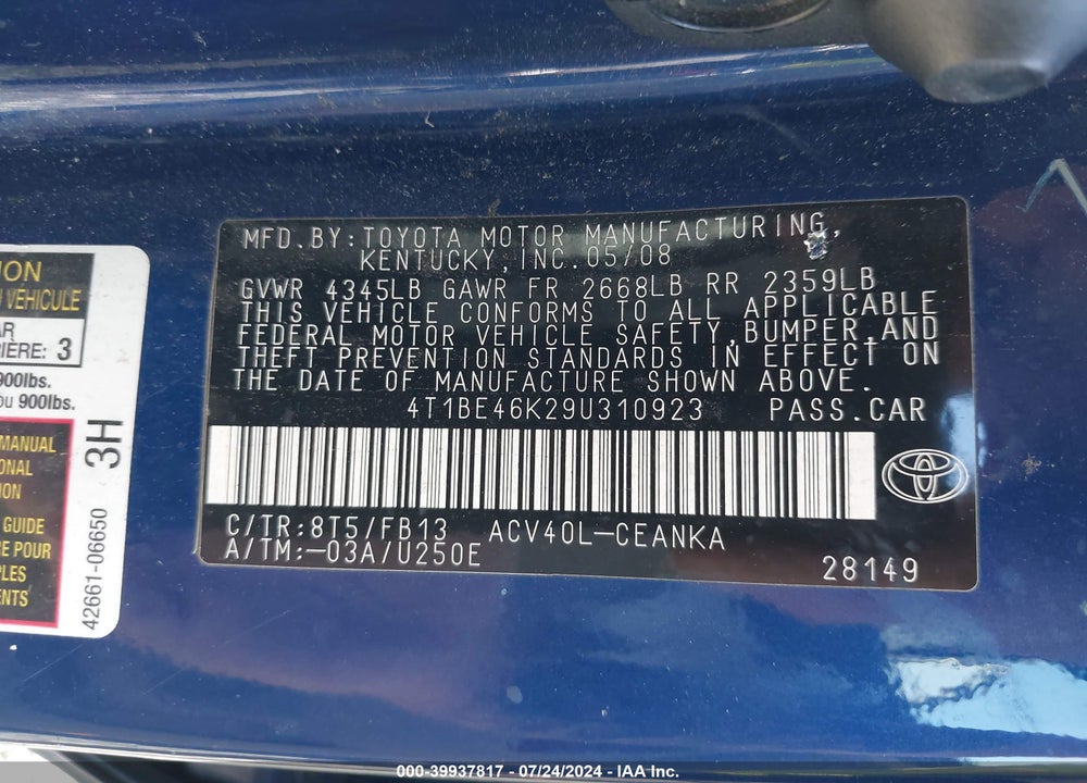 2009 TOYOTA CAMRY LE VIN: 4T1BE46K29U310923