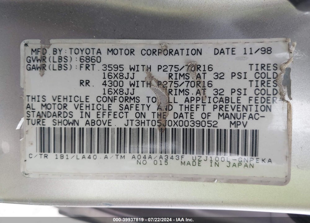 1999 TOYOTA LAND CRUISER VIN: JT3HT05J0X0039052