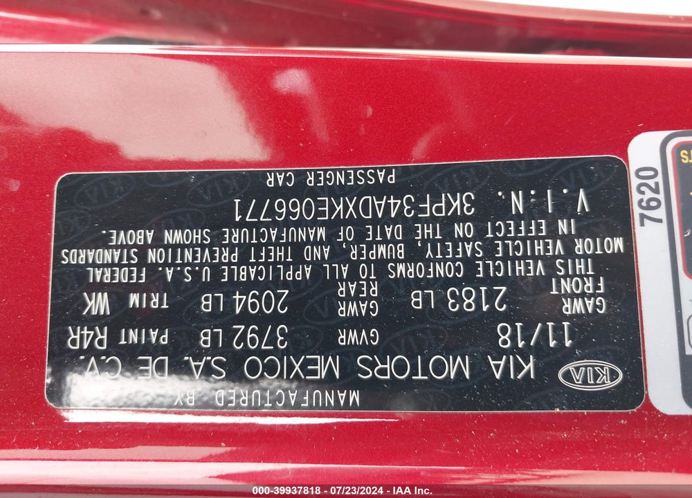 2019 KIA FORTE S VIN: 3KPF34ADXKE066771