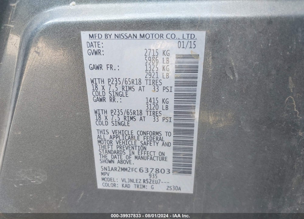 2015 NISSAN PATHFINDER PLATINUM/S/SL/SV VIN: 5N1AR2MM2FC637803