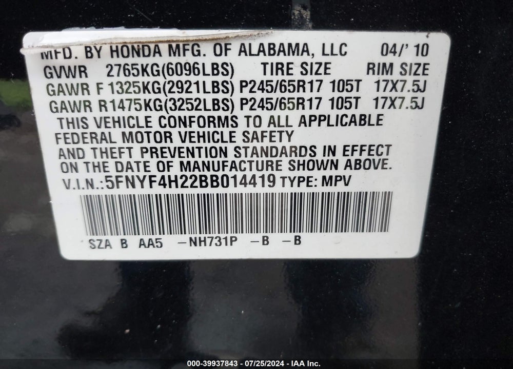 2011 HONDA PILOT LX VIN: 5FNYF4H22BB014419