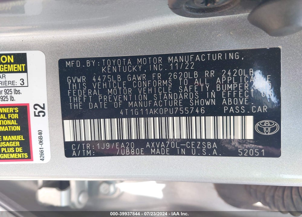 2023 TOYOTA CAMRY SE VIN: 4T1G11AK0PU755746