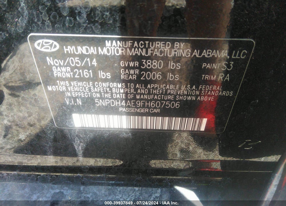 2015 HYUNDAI ELANTRA SE VIN: 5NPDH4AE9FH607506