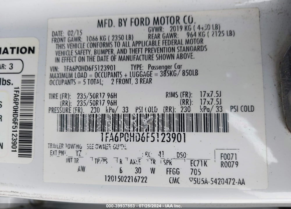 2015 FORD FUSION SE VIN: 1FA6P0HD6F5123901