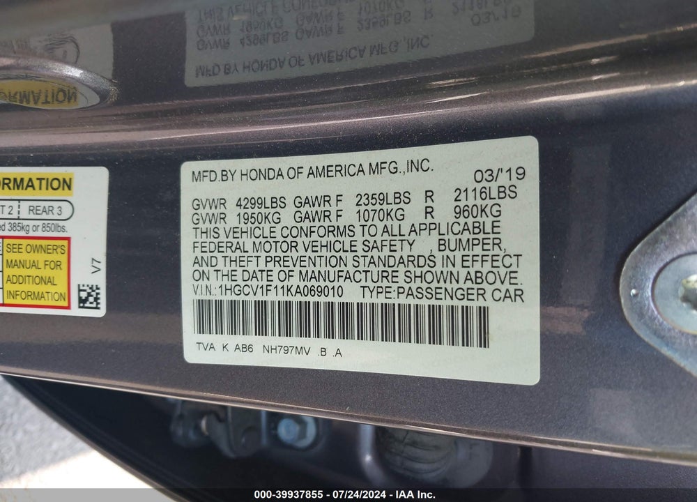 2019 HONDA ACCORD LX VIN: 1HGCV1F11KA069010