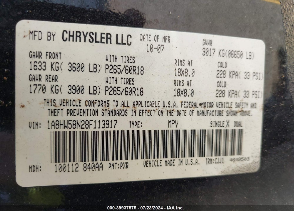 2008 CHRYSLER ASPEN LIMITED VIN: 1A8HW58N28F113917