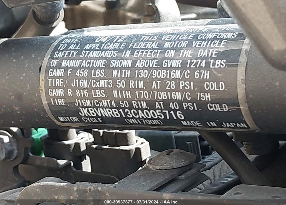 2012 KAWASAKI VN1700 B VIN: JKBVNRB13CA005716