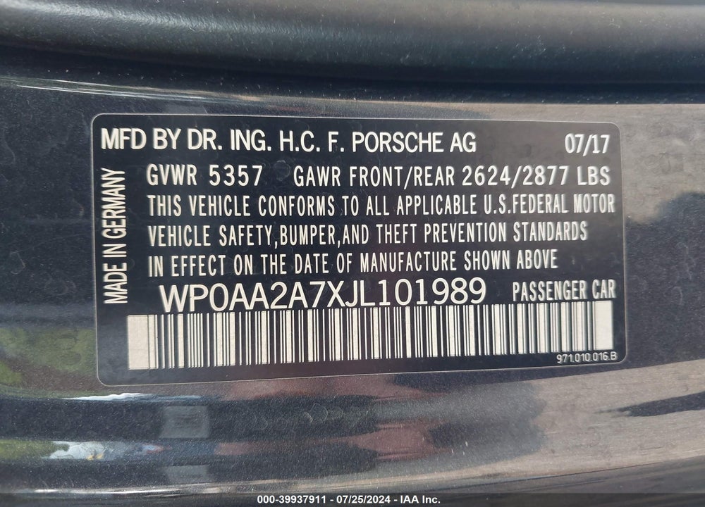 2018 PORSCHE PANAMERA 4 VIN: WP0AA2A7XJL101989