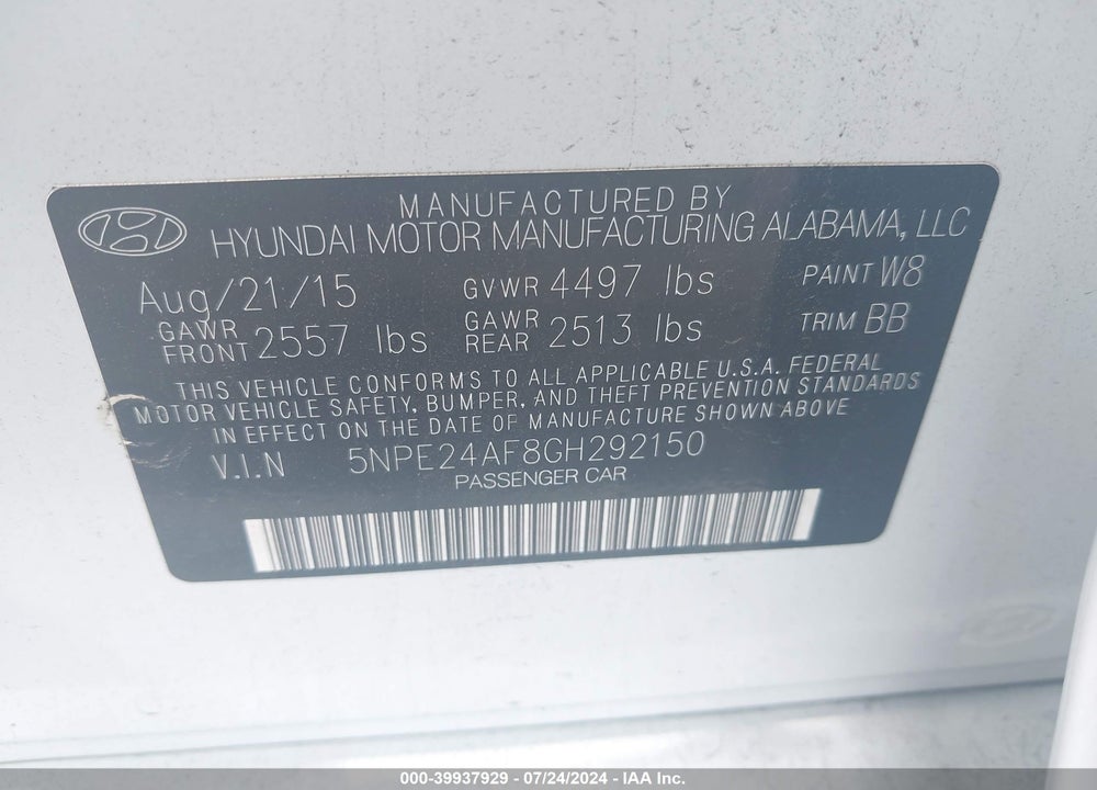 2016 HYUNDAI SONATA SE VIN: 5NPE24AF8GH292150