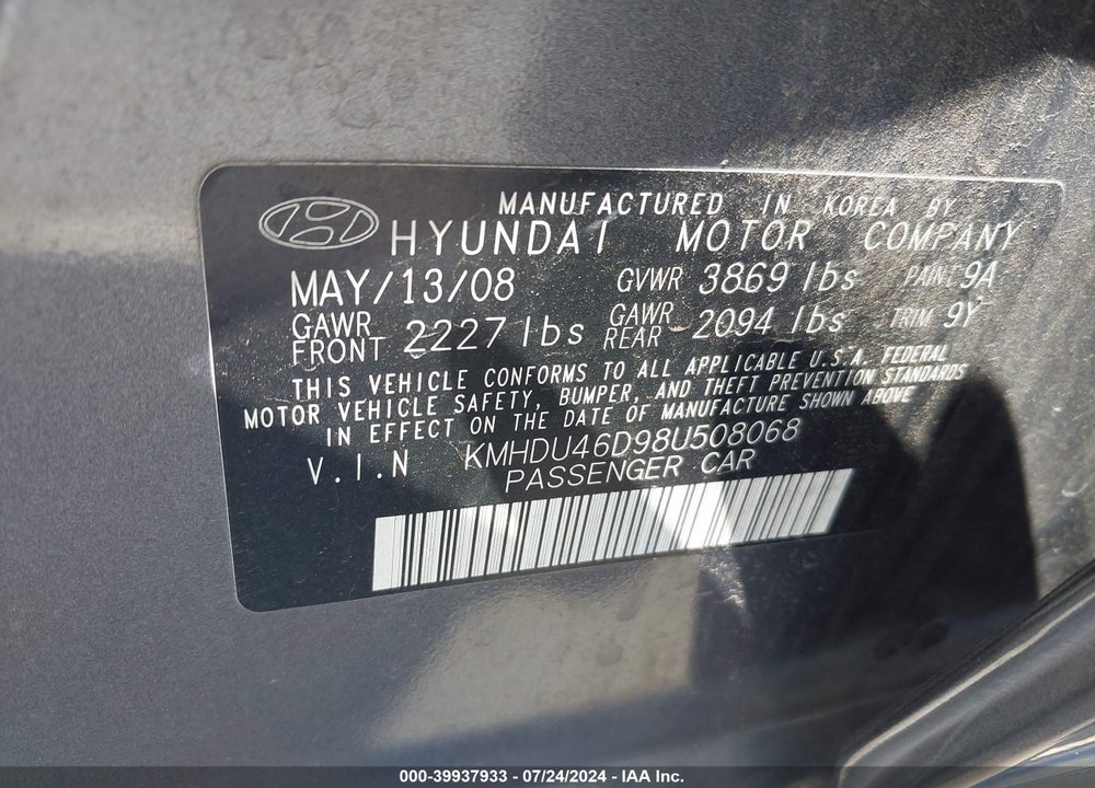 2008 HYUNDAI ELANTRA GLS/SE VIN: KMHDU46D98U508068