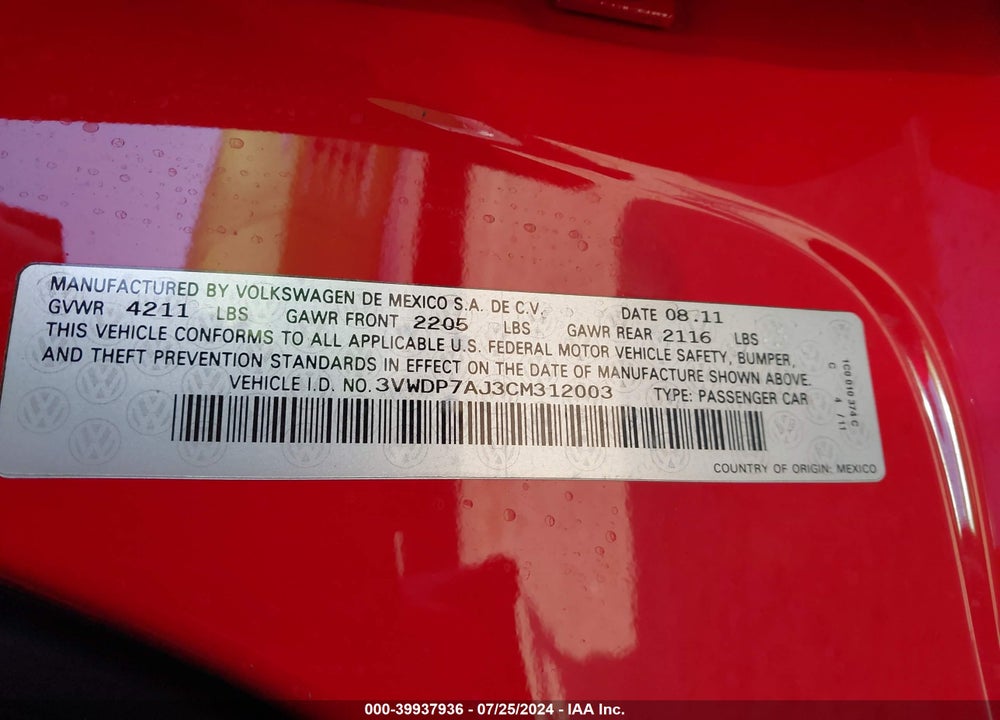 2012 VOLKSWAGEN JETTA 2.5L SE VIN: 3VWDP7AJ3CM312003