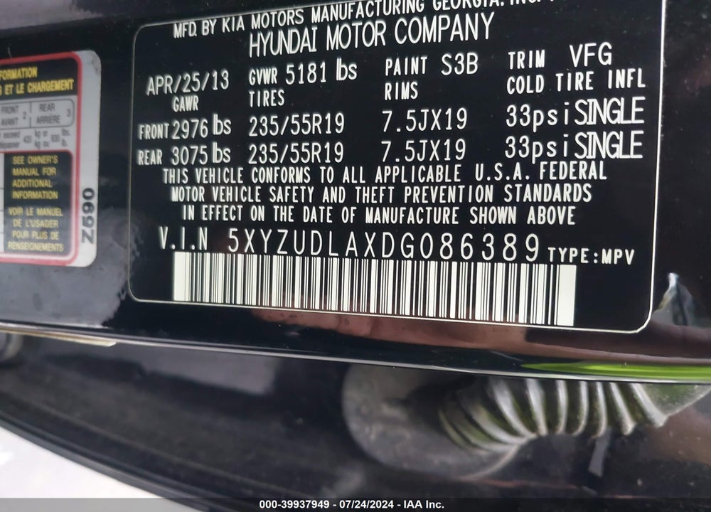 2013 HYUNDAI SANTA FE SPORT 2.0T VIN: 5XYZUDLAXDG086389