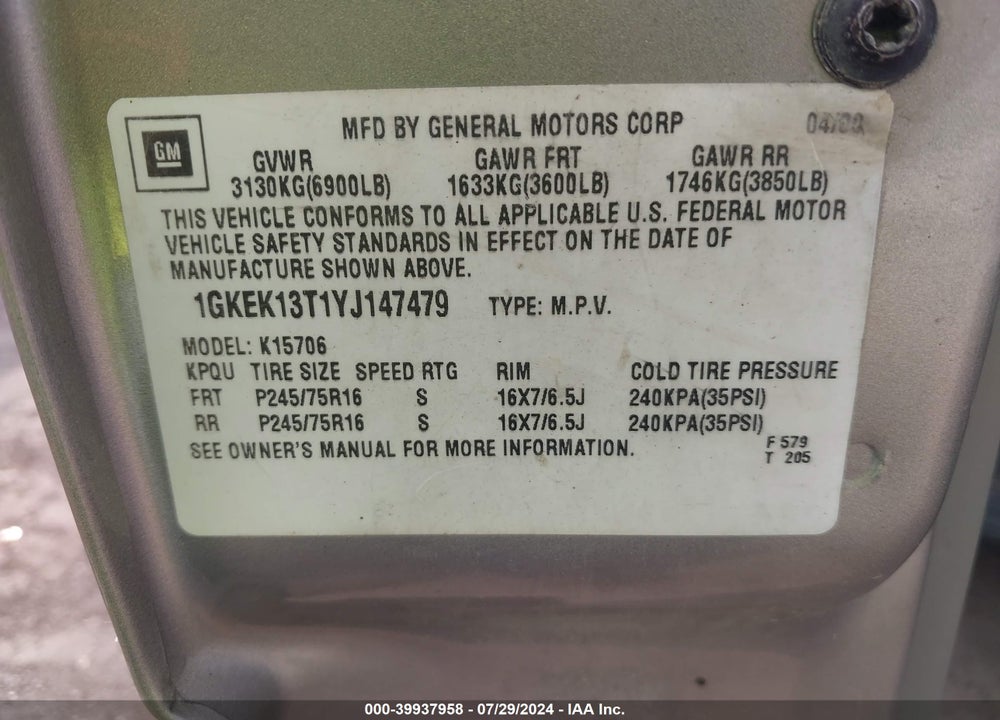 2000 GMC YUKON SLT VIN: 1GKEK13T1YJ147479