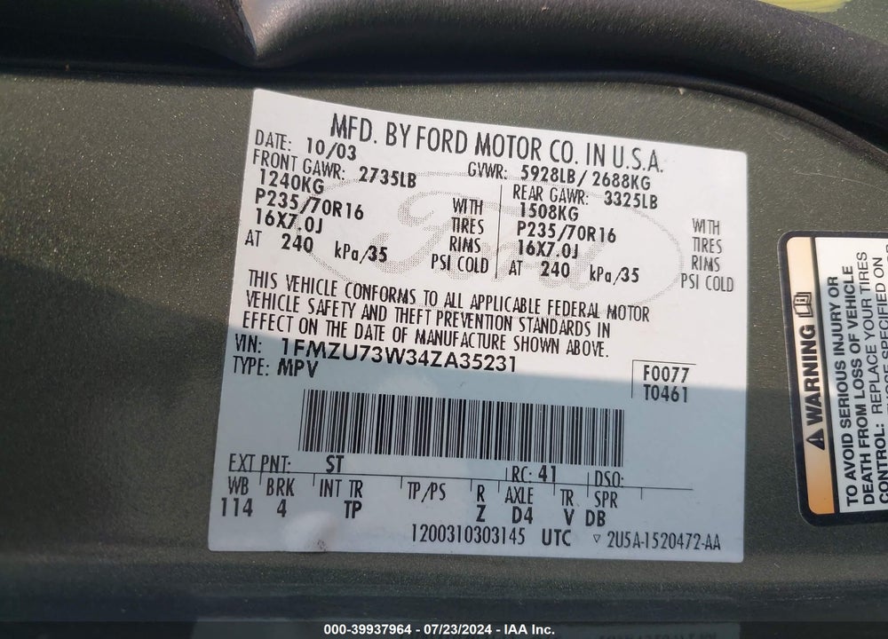 2004 FORD EXPLORER NBX/XLT VIN: 1FMZU73W34ZA35231