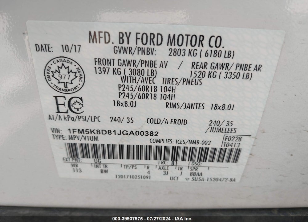 2018 FORD EXPLORER XLT VIN: 1FM5K8D81JGA00382
